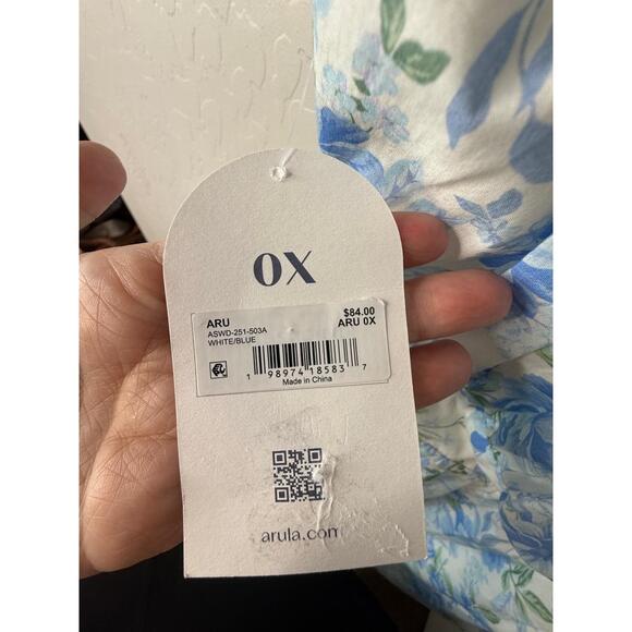 NWT ARULA Mini Dress Womens 0X White Blue‎ Floral Ruffled Cottagecore Bohemian - Picture 3 of 4